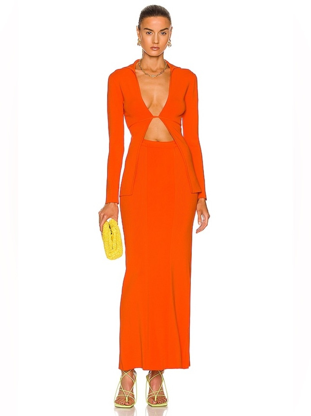 Christopher Esber Orange Ribbed Knit Tie-Front Cardigan & Maxi Skirt Set XS